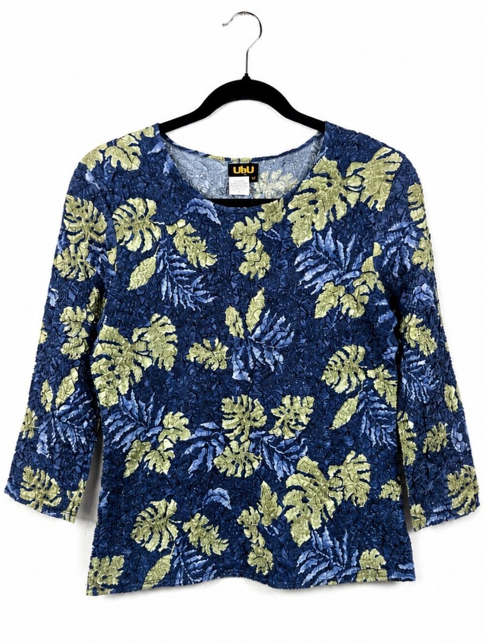 Vintage Y2K UbU M Crinkle Popcorn Top Monstera Tropical Art to Wear Blouse
